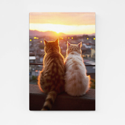 Sunset Companions Cat Wall Art – angled canvas view on white background