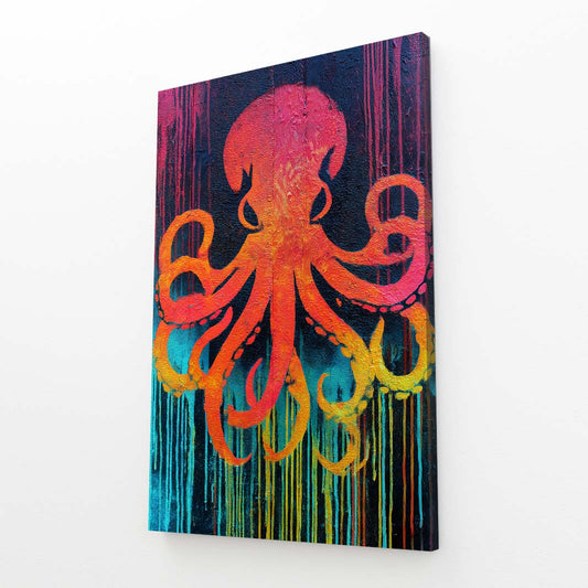 Sunset Drip Octopus Canvas – angled canvas view on white background