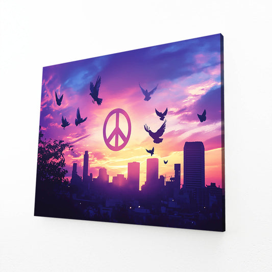 Sunset Peace Skyline Art – angled canvas view on white background