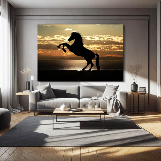 Sunset Rear Silhouette Horse Canvas Art — photography canvas print, styled in a furnished interior