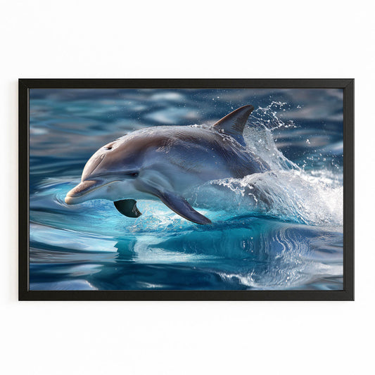 Surface Break Dolphin Canvas – with Premium Black wood frame on white background