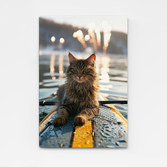 Surfer Cat Wall Art – angled canvas view on white background