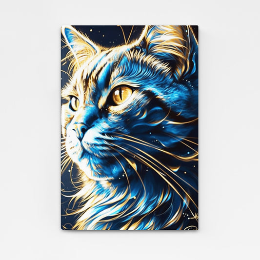 Surrealist Cat Wall Art — contemporary canvas print in blue tones, angled canvas view on white background
