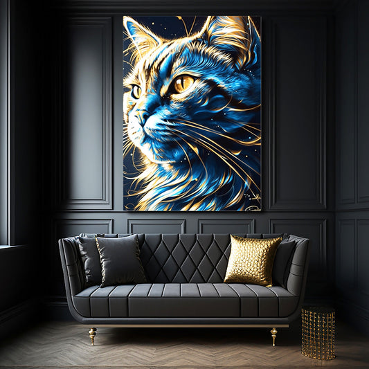 Surrealist Cat Wall Art — contemporary canvas print in blue tones, view 3
