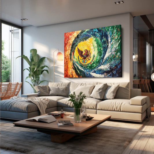 Swirling Eagle Vortex Mexican Wall Decor — abstract canvas print, styled in a furnished interior