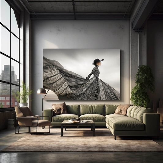 Swirling Gown Wall Art Photography – in a loft with a sage green sofa