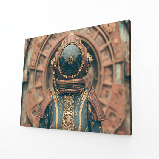 Teal Diving Helmet Steampunk Wall Decor – angled canvas view on white background