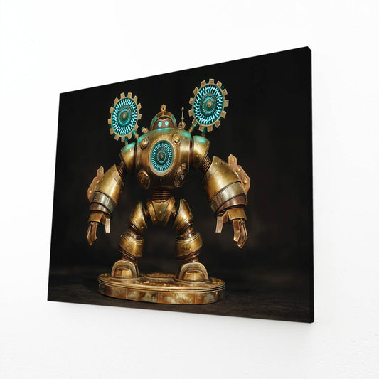 Teal-Eyed Brass Robot Steampunk Prints – angled canvas view on white background