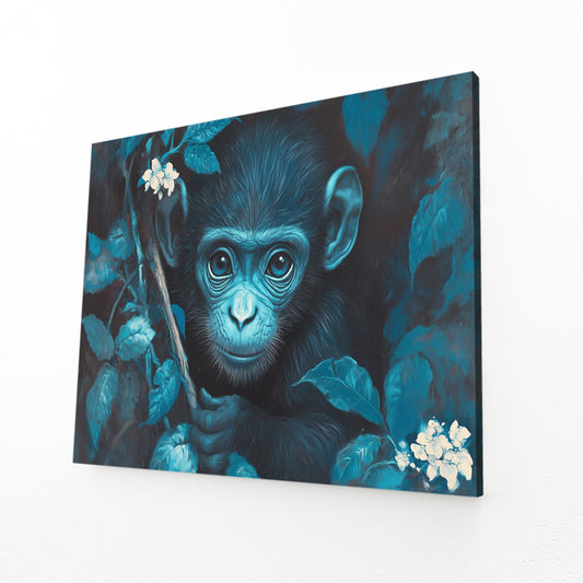 Teal Jungle Bloom Monkey Canvas Art – angled canvas view on white background