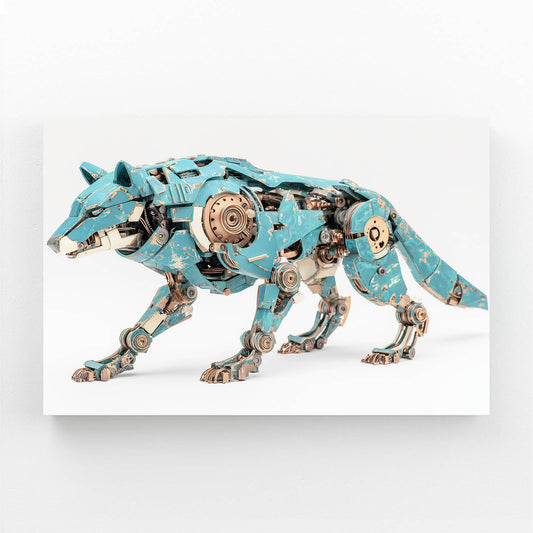 Teal Mechanical Wolf Steampunk Wall Art – angled canvas view on white background