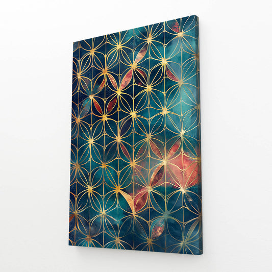 Teal Mosaic Weave Flower Of Life Canvas – angled canvas view on white background