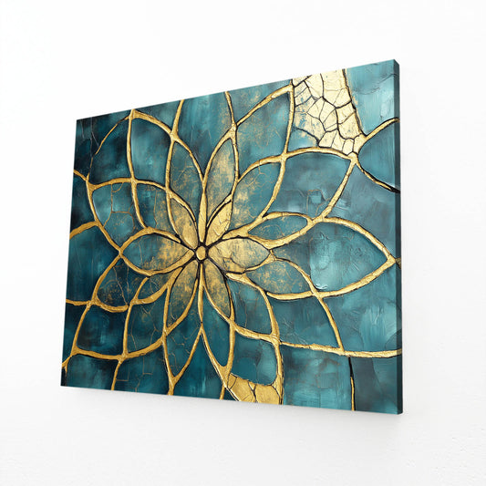 Teal Petal Bloom Flower Of Life Art – angled canvas view on white background