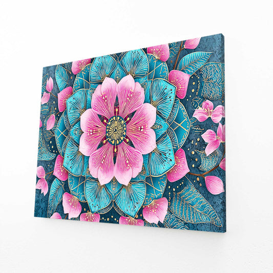Teal Petal Mandala Cherry Blossom Prints – angled canvas view on white background
