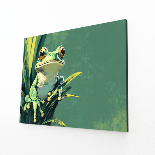 Teal Plant Perch Frog Canvas – angled canvas view on white background