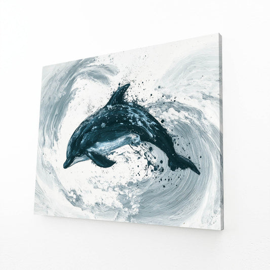 Teal Swirl Dolphin Art – angled canvas view on white background