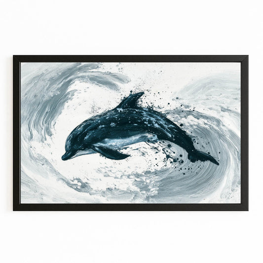 Teal Swirl Dolphin Art – with Premium Black wood frame on white background