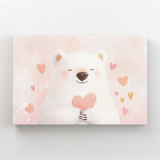Teddy Bear Wall Art For Nursery — anime canvas print in white tones, angled canvas view on white background