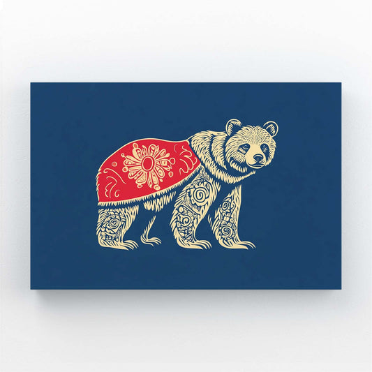 Tribal Bear Art — contemporary canvas print in blue tones, angled canvas view on white background