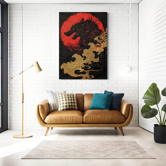 Tribal Wolf Art — japanese canvas print in red tones, view 3