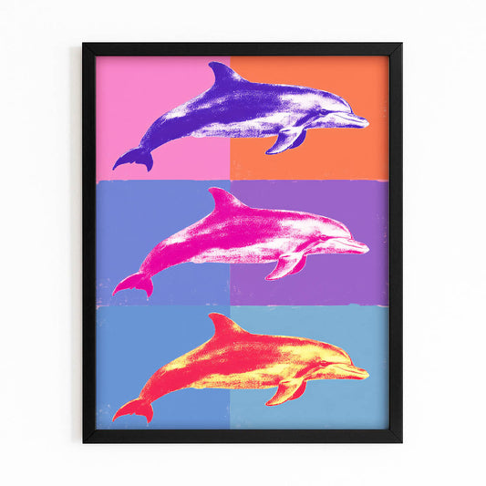 Triple Pop Dolphin Canvas – with Premium Black wood frame on white background