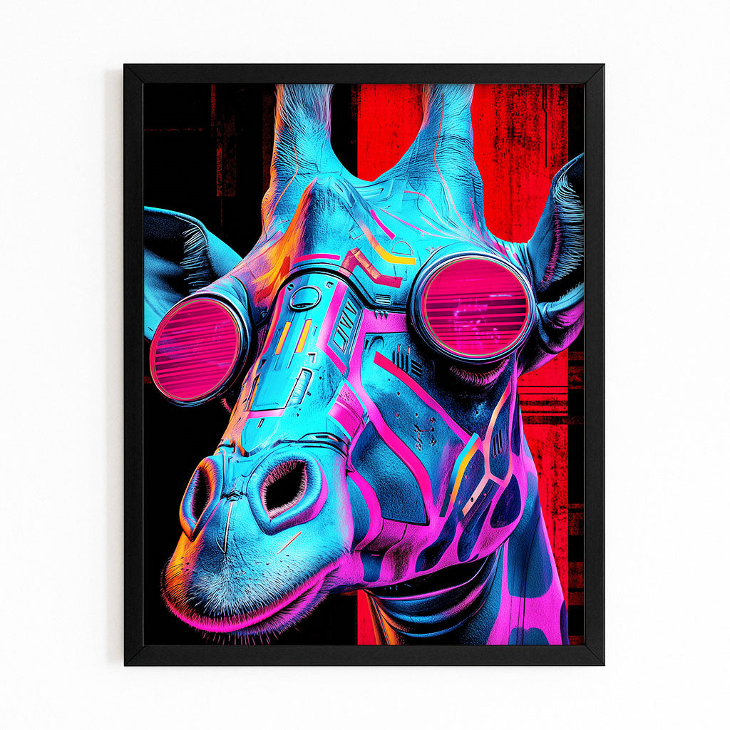 Framed artwork of a colorful, futuristic giraffe with red eyes on a white background