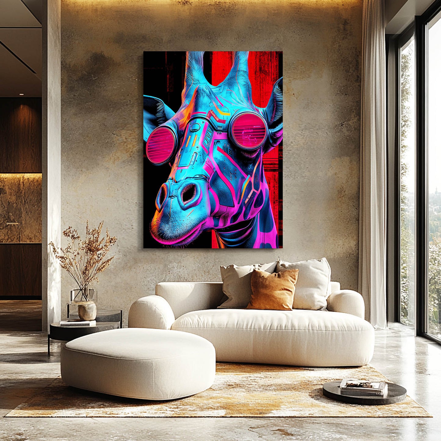 Colorful abstract painting of a rhino on a wall above a modern living room setup.
