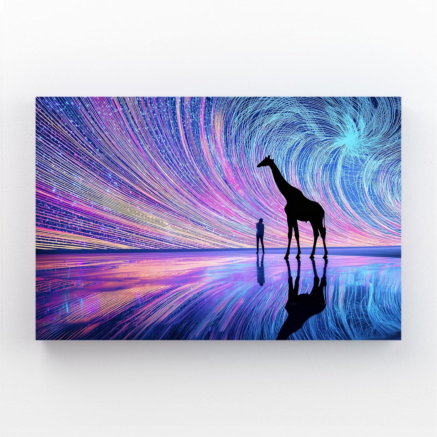Abstract artwork with a giraffe and person silhouette against a colorful, starry background.