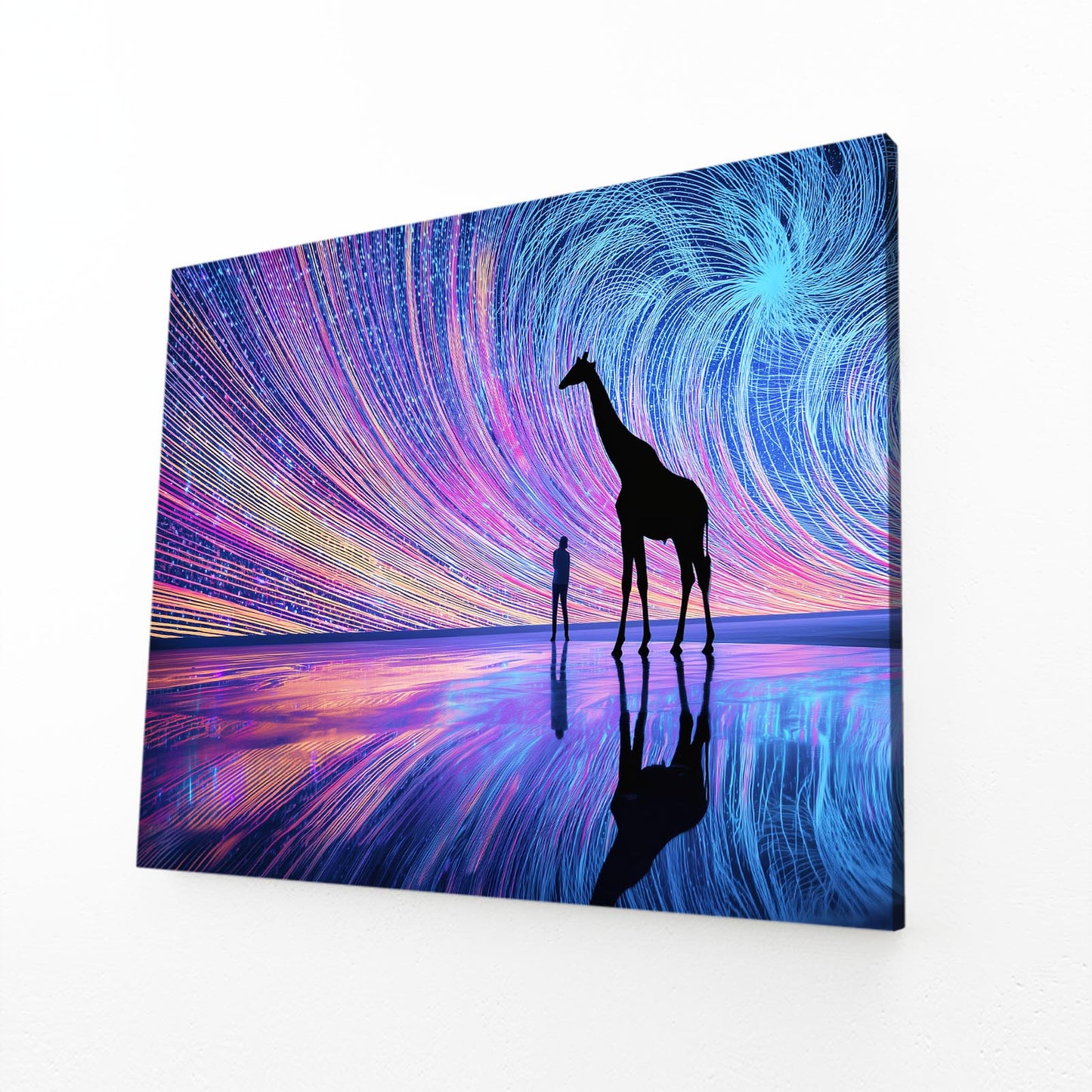 Giraffe and person silhouette on a colorful abstract background