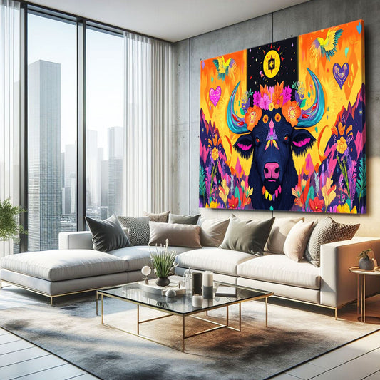 Trippy Mexican Artdecor Cow Canvas Art – angled canvas view on white background