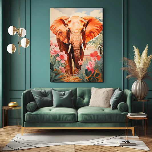 Tropical Garden Elephant Art — contemporary canvas print in orange tones, view 3