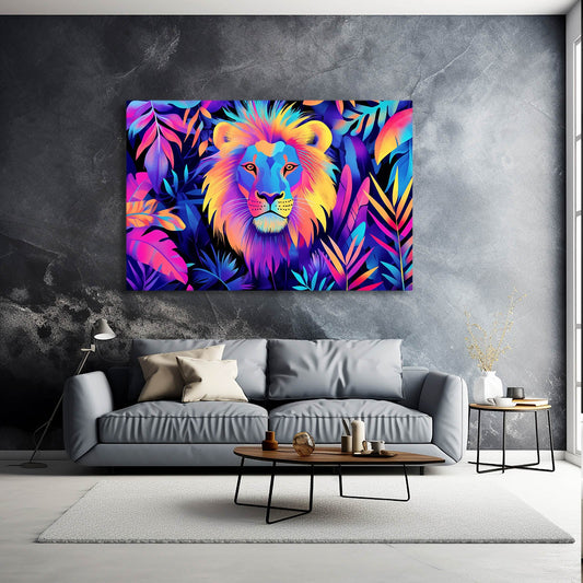 Tropical Glow Lion Wall Art — digital canvas print in blue tones, view 3