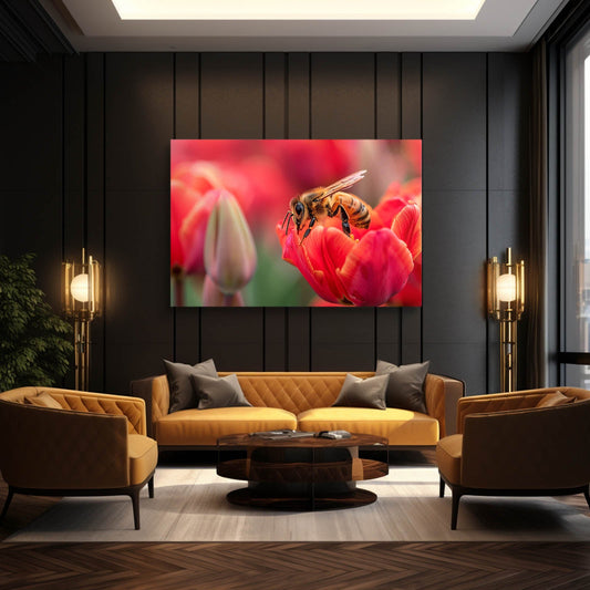 Tulip Blossom Bee Art — contemporary canvas print in red tones, view 3