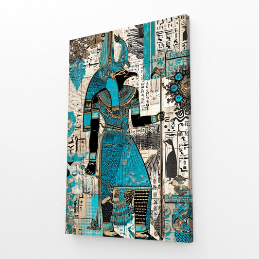 Turquoise Collage Figure Egyptian Wall Art – angled canvas view on white background