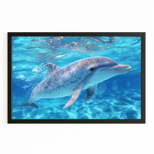 Turquoise Lagoon Dolphin Print – with Premium Black wood frame on white background