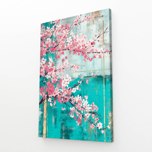 Turquoise Patina Branch Cherry Blossom Wall Art – angled canvas view on white background