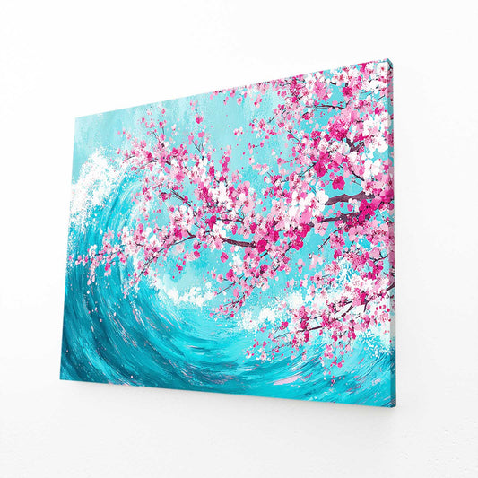 Turquoise Wave Cherry Blossom Wall Decor – angled canvas view on white background