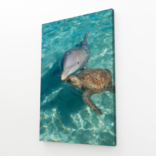 Turtle Friend Dolphin Art – angled canvas view on white background
