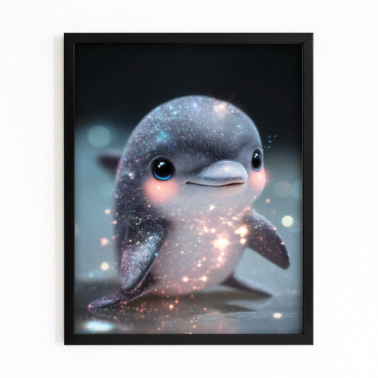 Twinkle Tot Dolphin Art – with Premium Black wood frame on white background