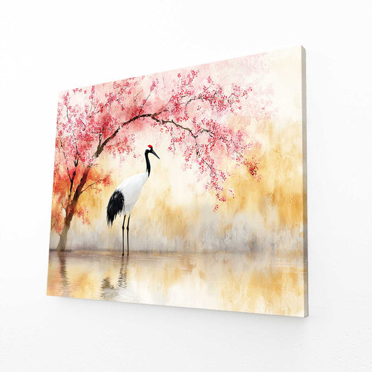 Two Cranes Cherry Blossom Canvas – angled canvas view on white background