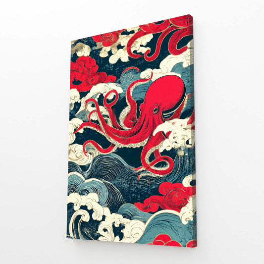 Ukiyo Wave Scroll Octopus Canvas Art – angled canvas view on white background