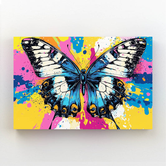 Urban Pop Butterfly Wall Art — pop art canvas print in blue tones, angled canvas view on white background