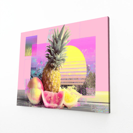 Vaporwave Fruit Sunset Wall Decor – angled canvas view on white background