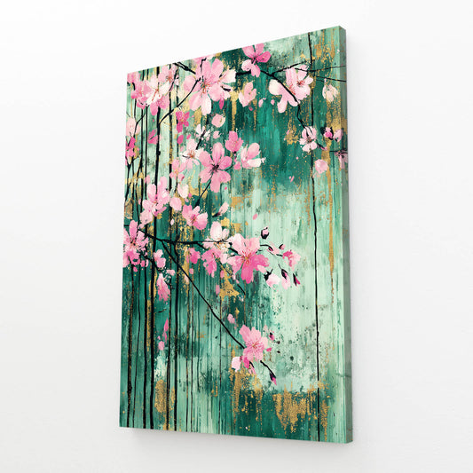 Verdigris Panel Blooms Cherry Blossom Art – angled canvas view on white background