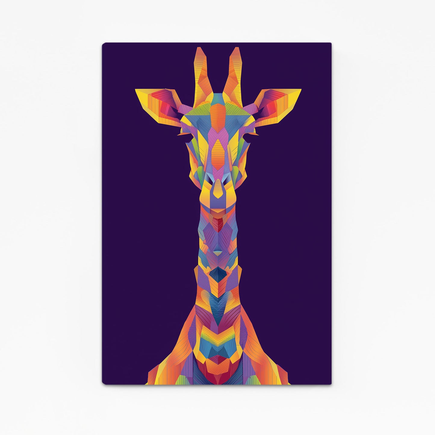 Colorful geometric giraffe design on a dark purple background