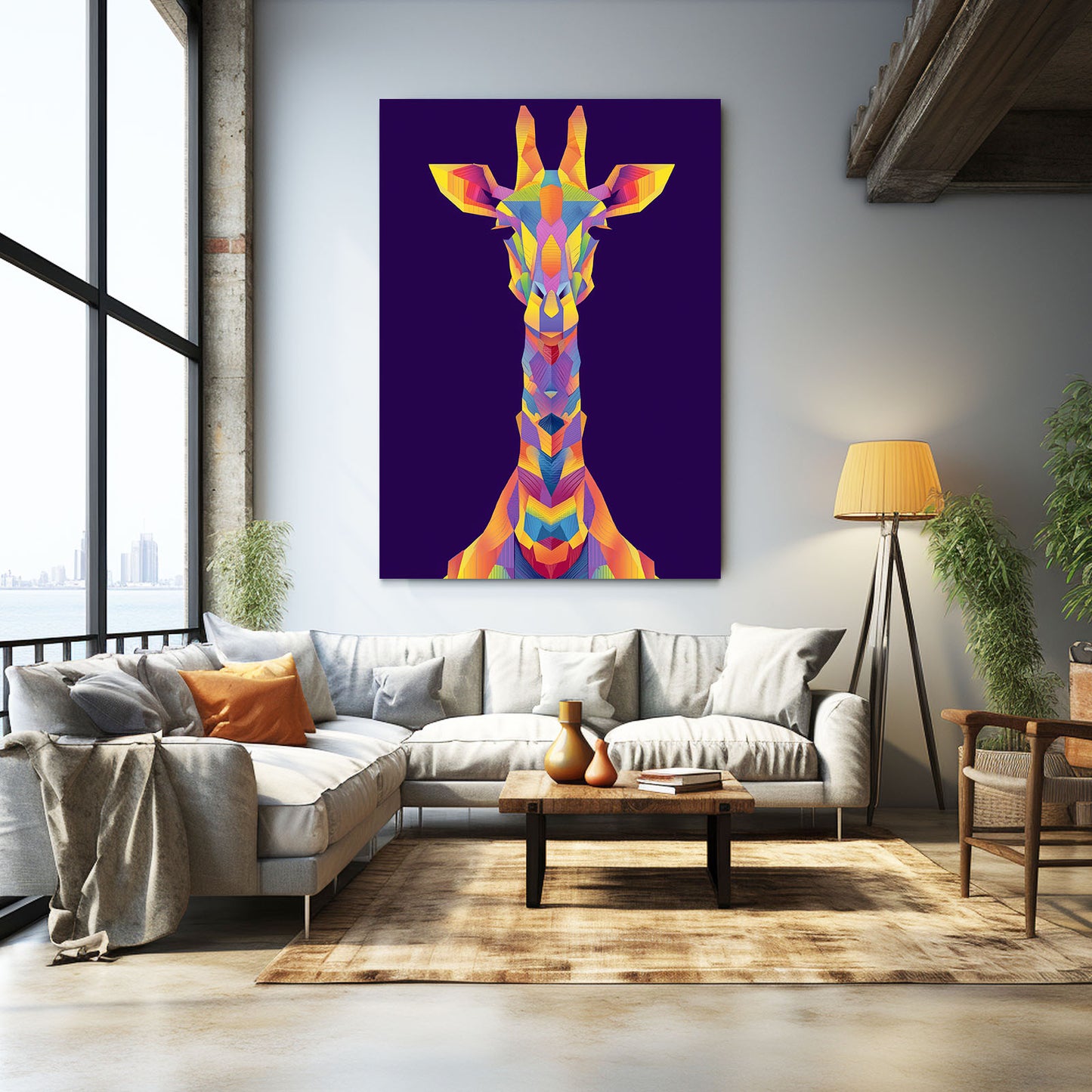 Colorful giraffe painting on a wall in a modern living room.