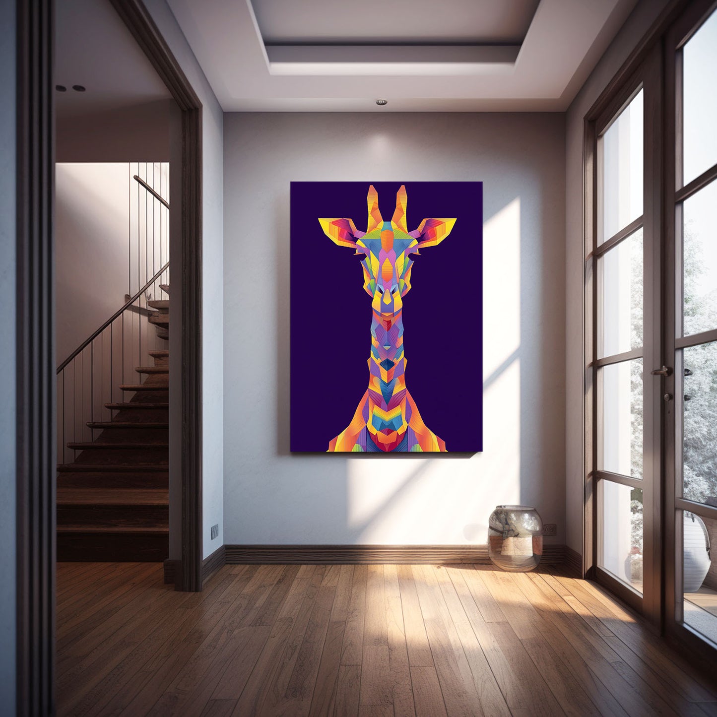 Colorful abstract giraffe painting on a wall in a modern interior setting.