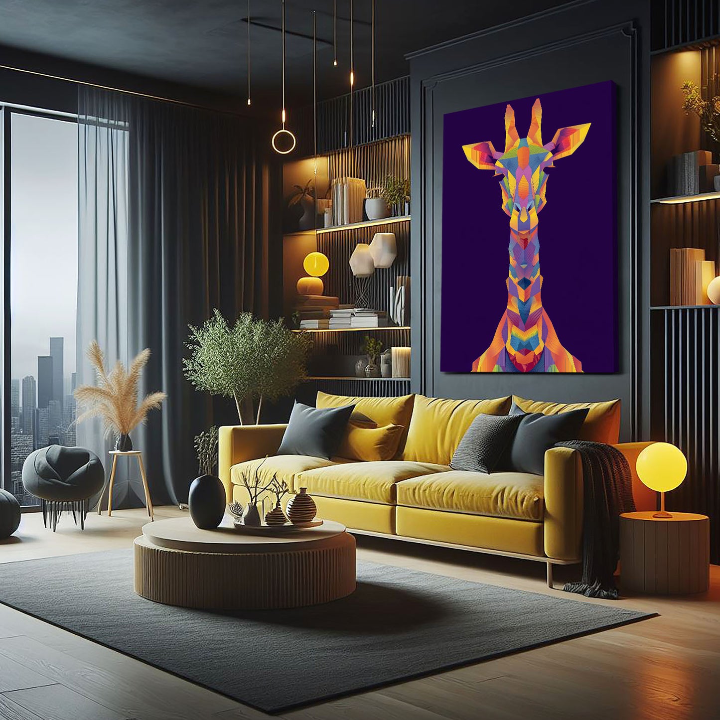 Modern living room with a yellow sofa, colorful giraffe painting, and decorative items.