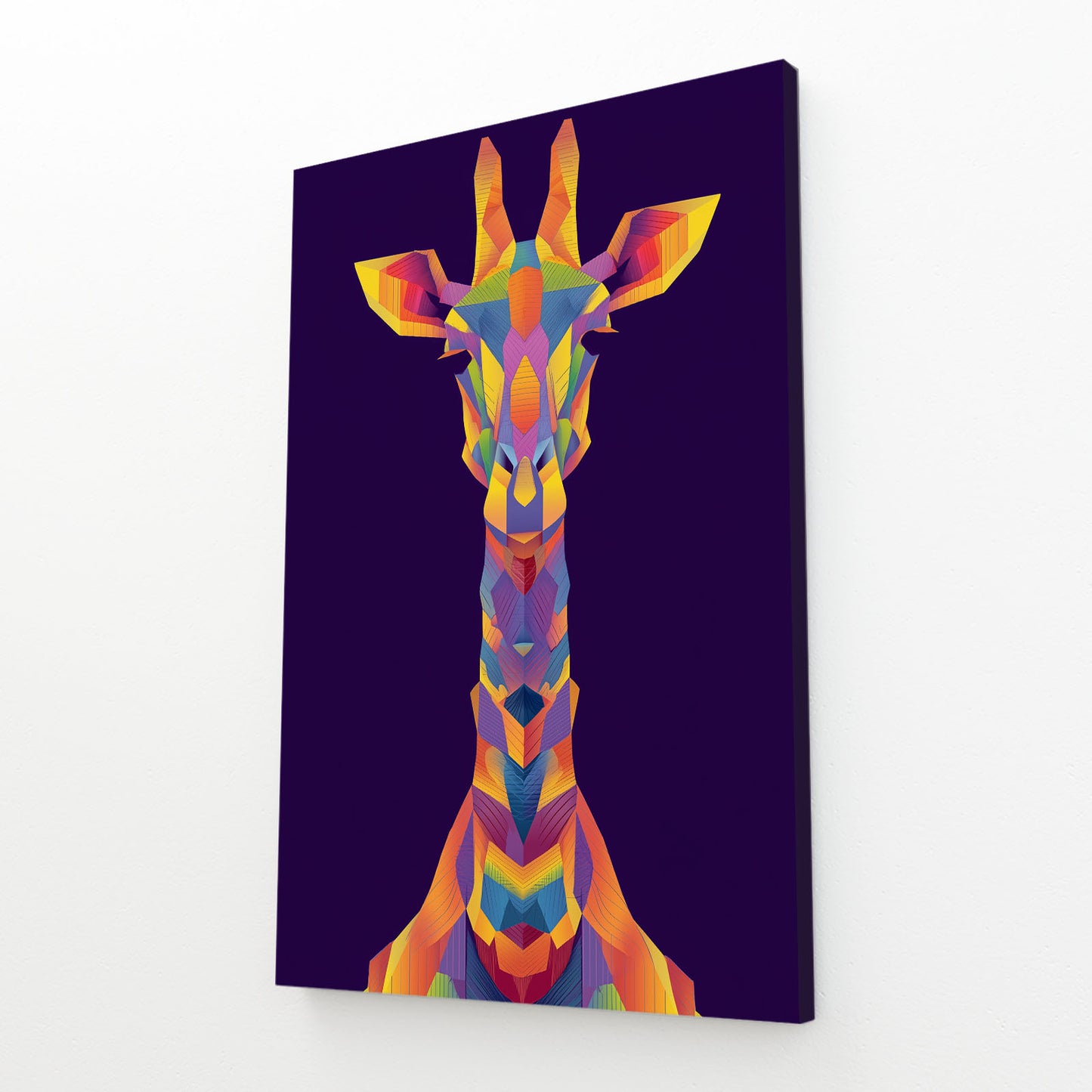 Colorful geometric giraffe design on a dark purple background