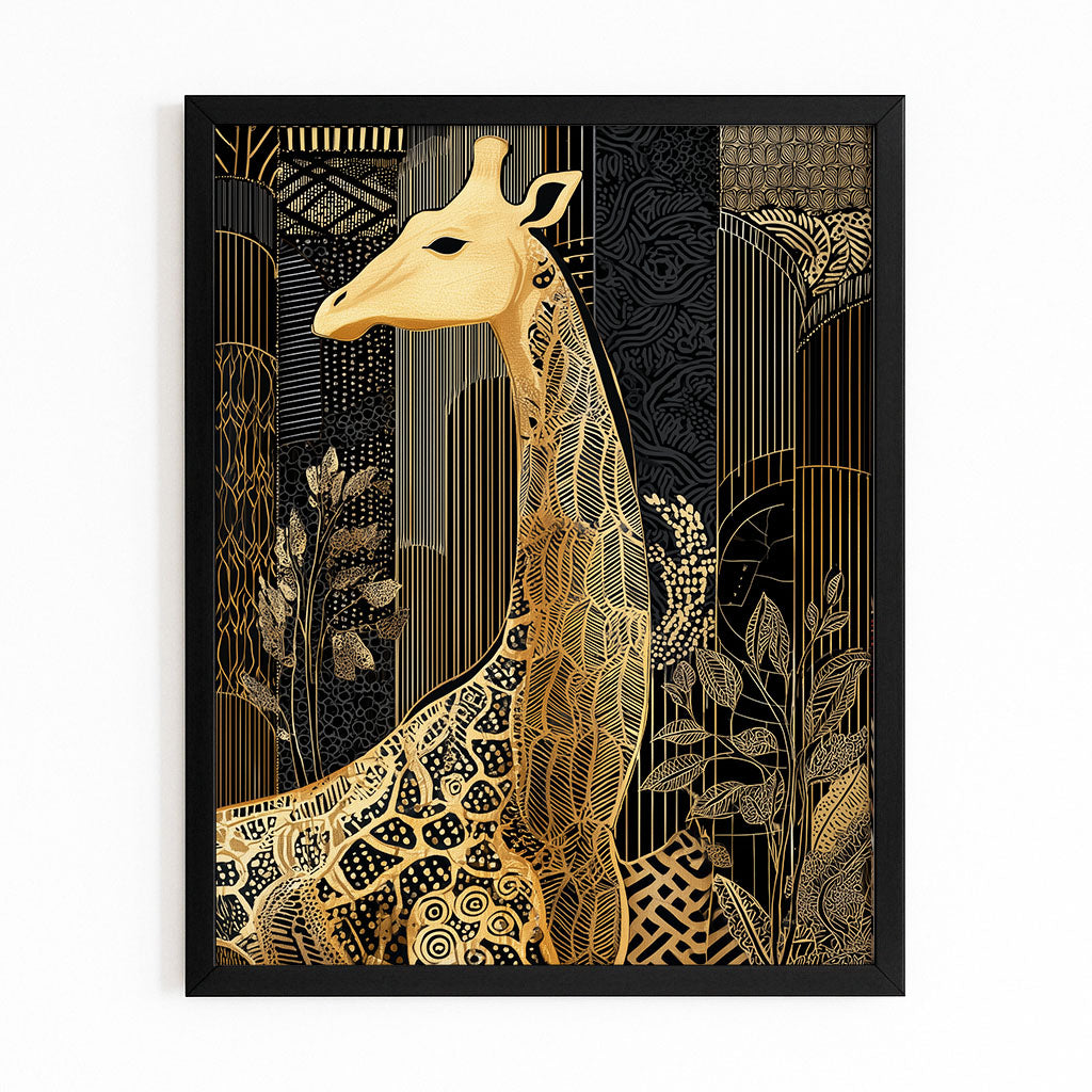 Decorative wall art with a gold giraffe design on a black background