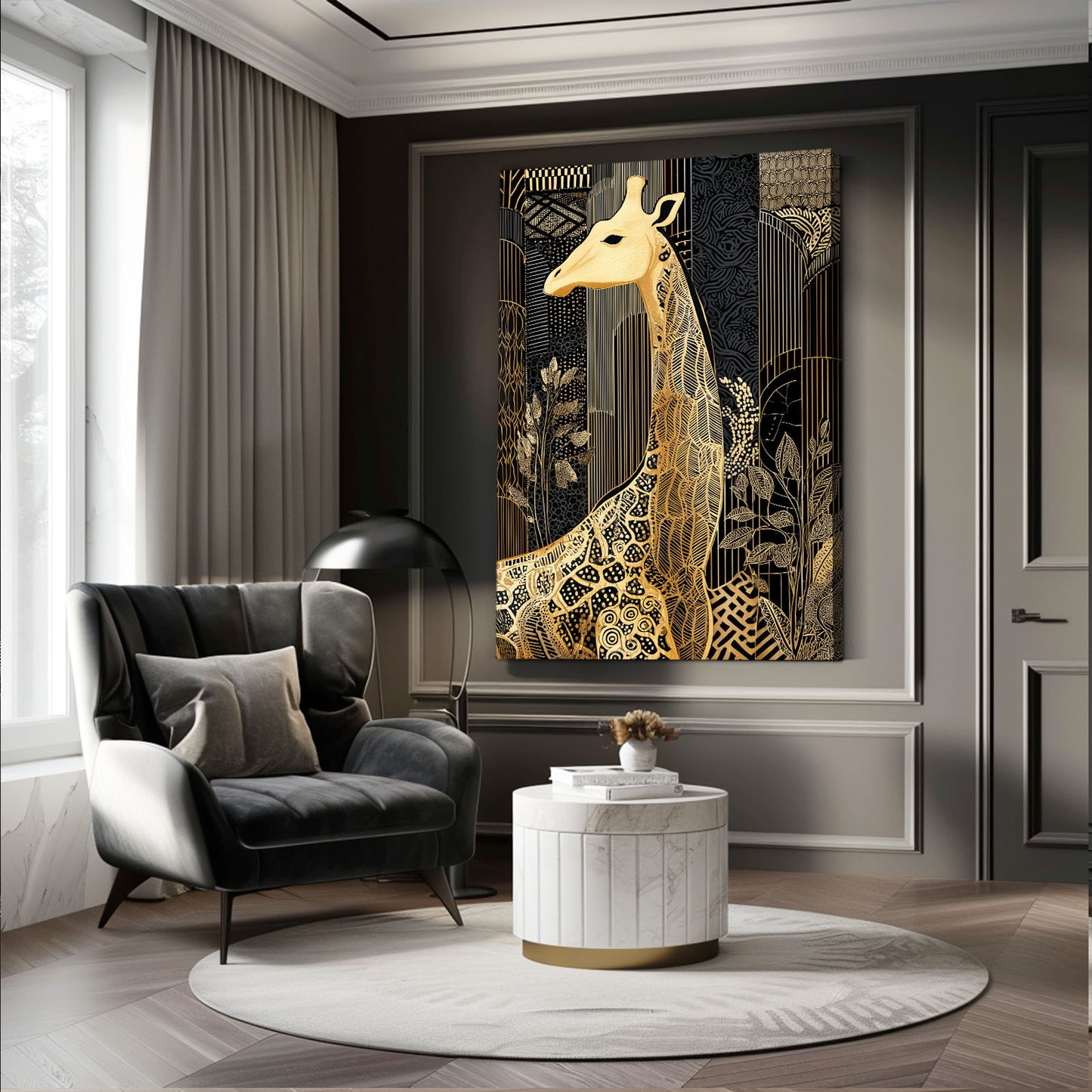 Modern living room with a decorative giraffe painting on the wall.